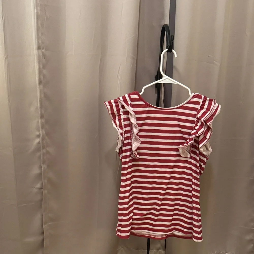 Striped Ruffle Sleeve Blouse - Red and White #2008